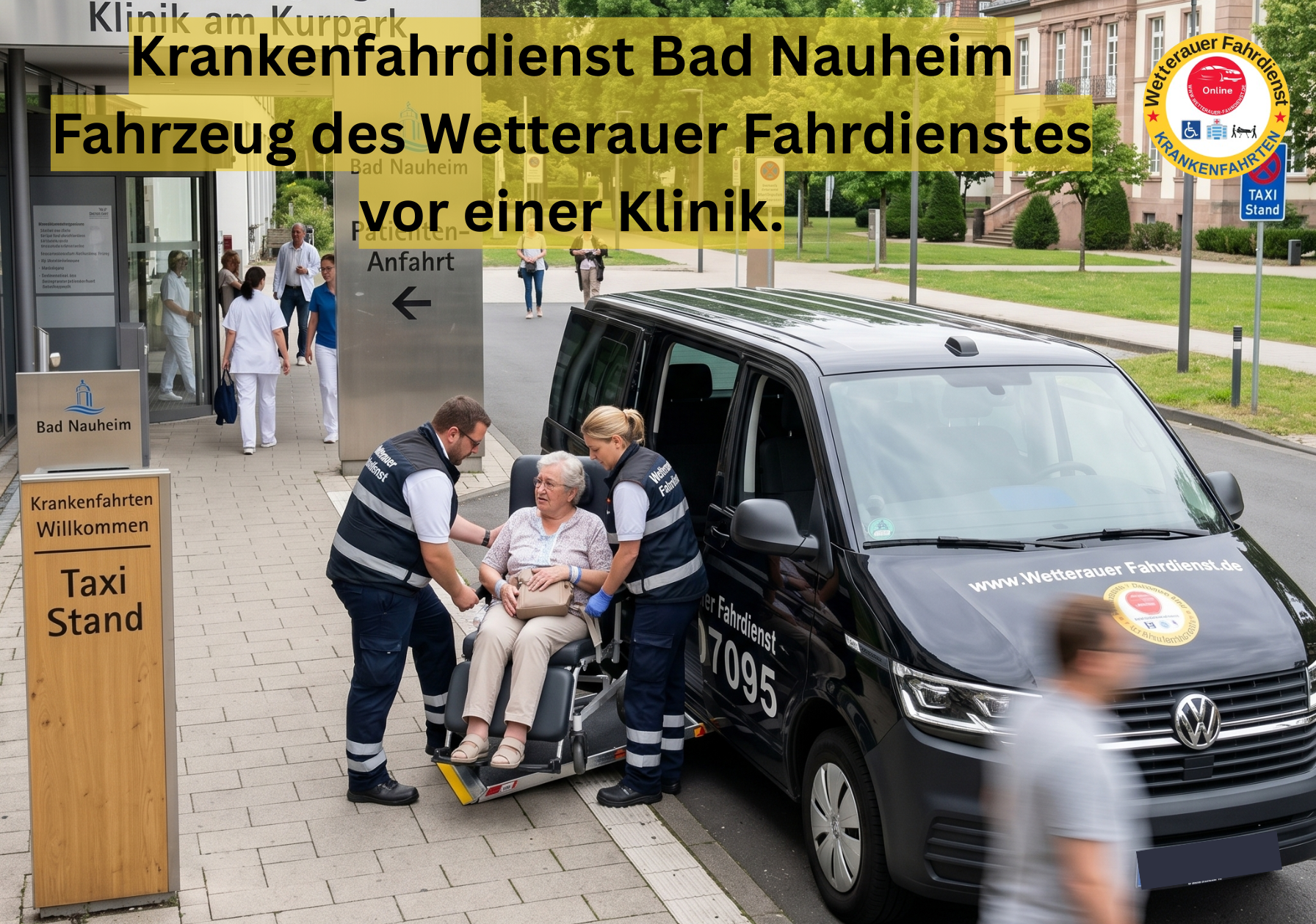 Krankenfahrdienst Bad Nauheim Fahrzeug des Wetterauer Fahrdienstes vor einer Klinik.